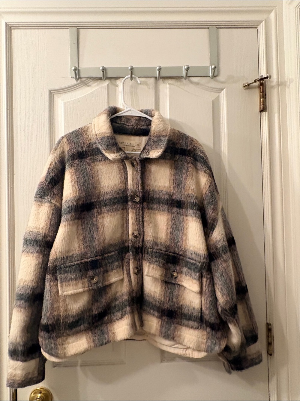Saltwater Luxe Plaid Faux-Shearling Button Front Jacket - Cream/Gray